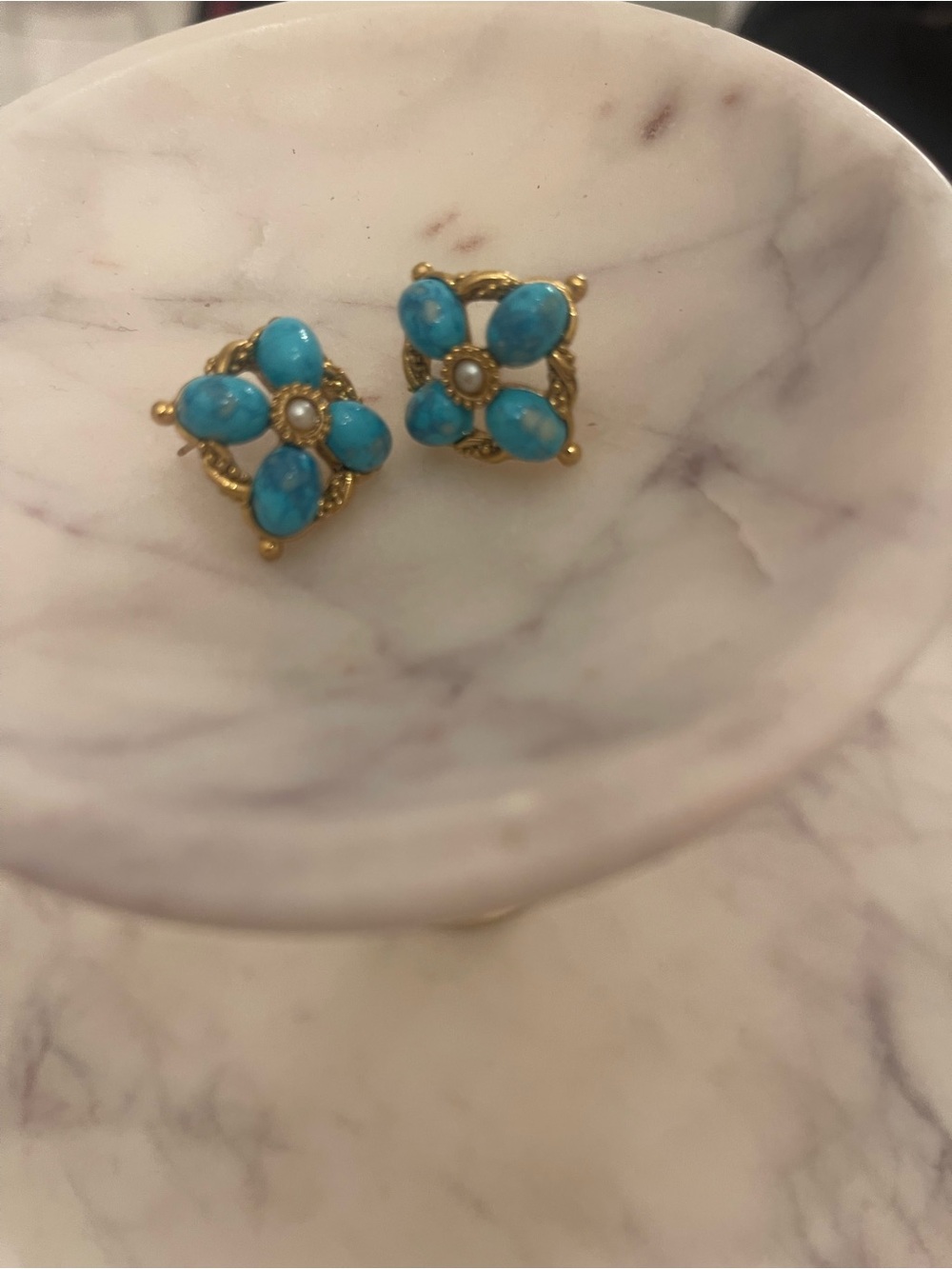 Gold-Tone Turquoise Flower Stud Earrings - Blue